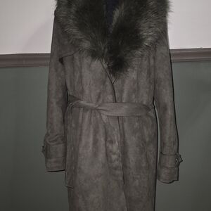 Chic Faux Fur Collar Trench Coat - Olive Green